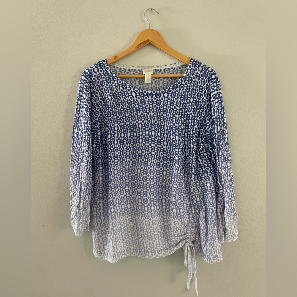 Chico's Blue and White Circle Pattern Long Sleeve Top